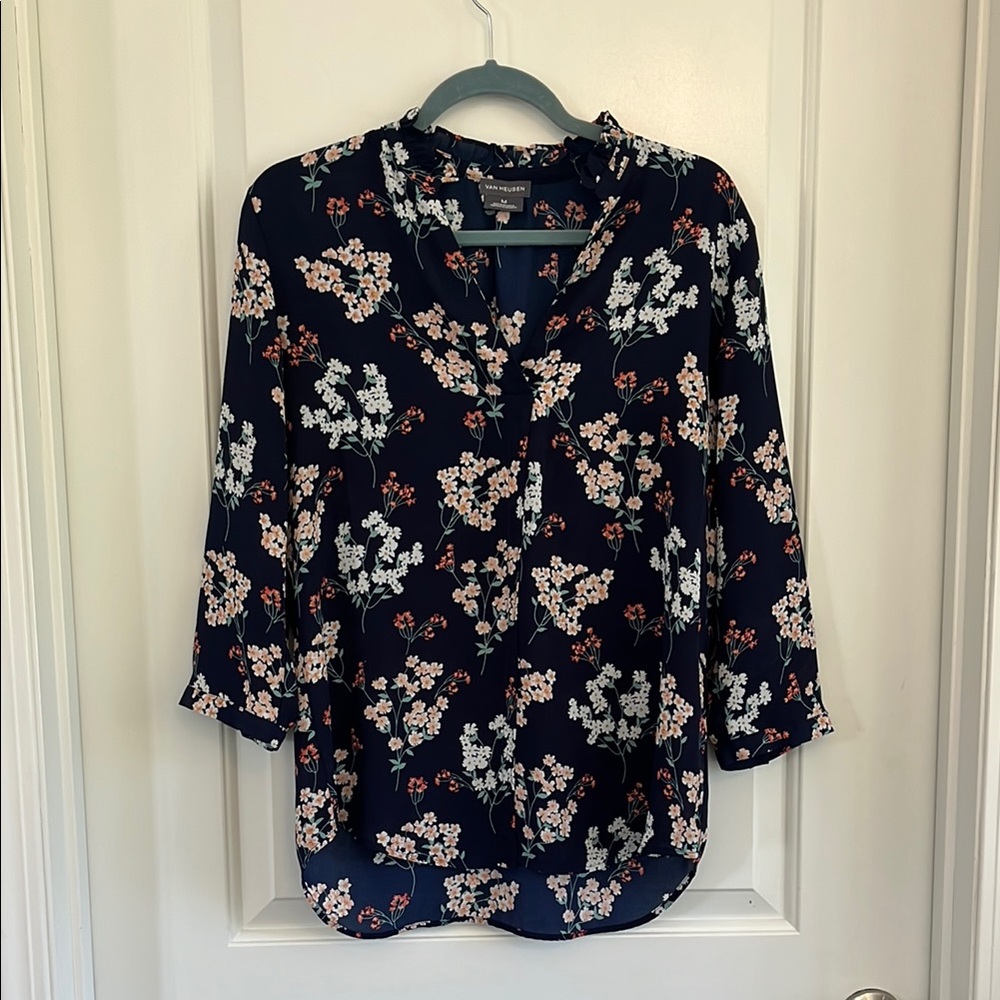 Van Heusen sheer floral ruffle neck blouse size medium
